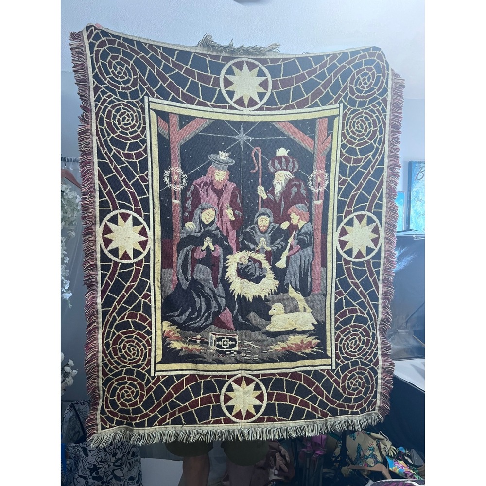 Crown Crafts Nativity Scene Woven Tapestry Throw Blanket Christmas Fringed 45x59